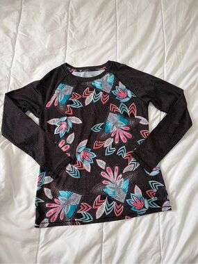Reel Legends Black Long Sleeve Floral Print Tee with Teal & Pink Accents